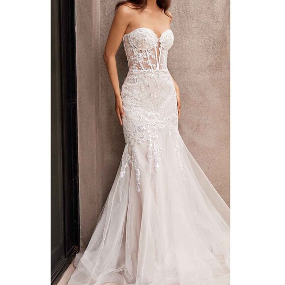 French White Strapless Sequin Corset Formal Mermaid Wedding Dress 4 - Picture 3 of 8